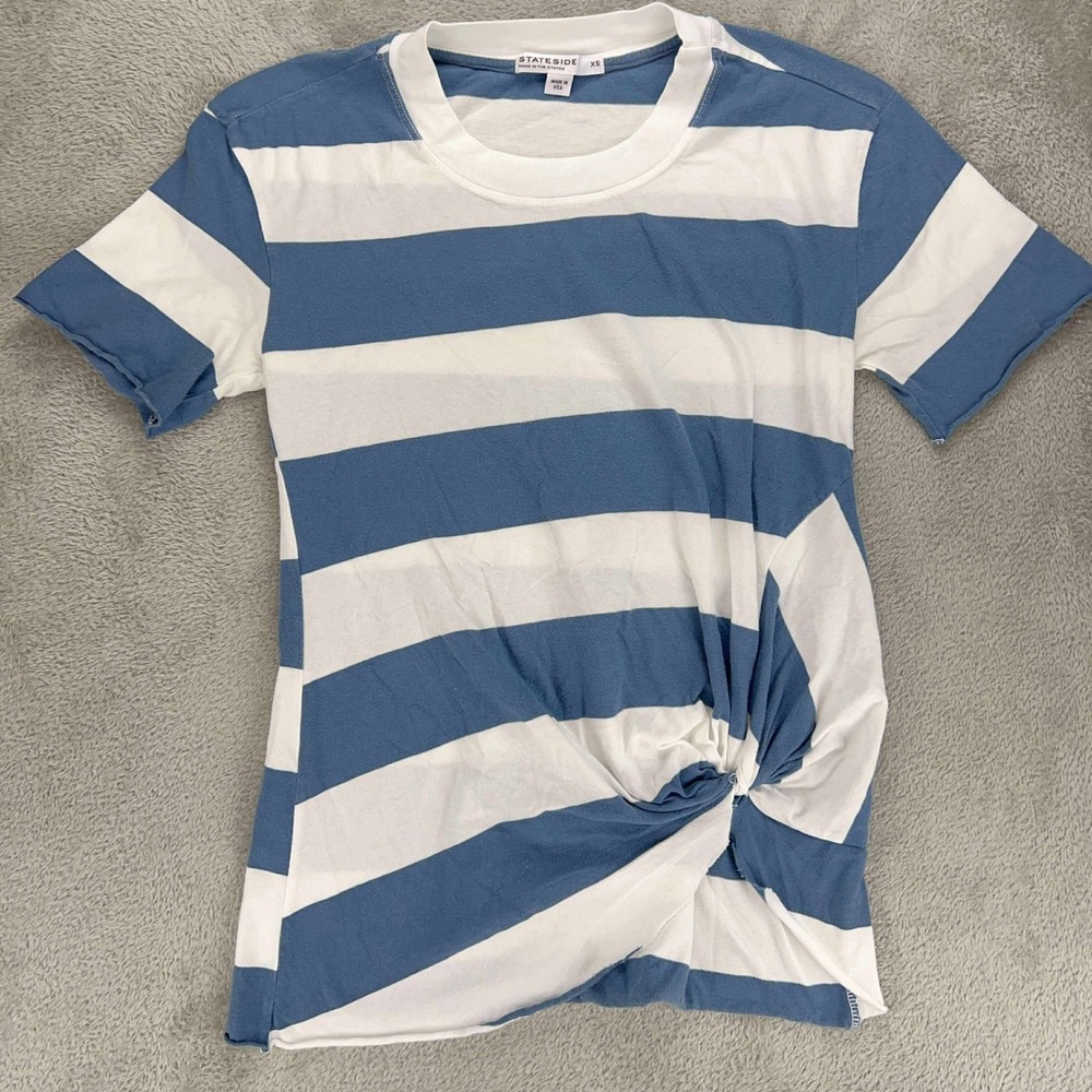 Stateside Striped Knot Front Tee Blue White Casual USA Made Top Size XS
